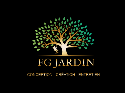 Logo d'un arbre avec une personne sur une balançoire, or et vert sur fond noir, « FG JARDIN » en dessous avec le texte : Conception - Création - Entretien.