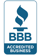 Blue BBB Accredited Business seal: torch icon, bold 