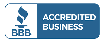 BBB Accredited Business logo with flame and text on blue background.