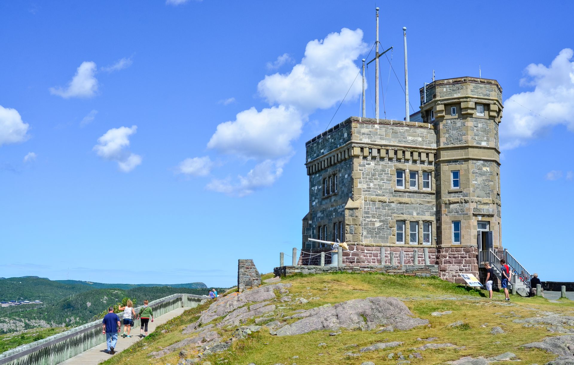 Signal Hill National Historic Site in St. John's, Newfoundland with stone Cabot Tower. People walk a path under blue sky.