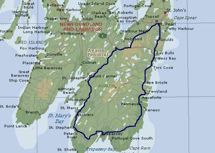 Map of Newfoundland and Labrador, showing the Avalon Peninsula. Blue outline highlights the peninsula's coastal route.