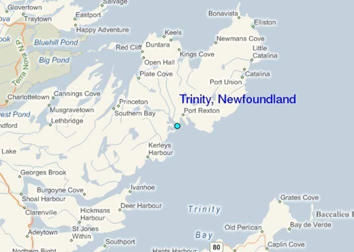 Map of Trinity, Newfoundland, with surrounding towns and bays labeled.