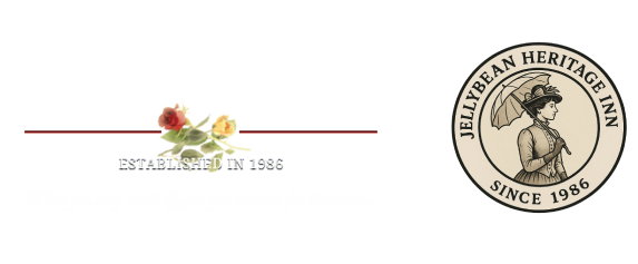 Logo of the Jellybean Heritage Inn. Includes roses with line and circle with woman in vintage dress, umbrella, and text.