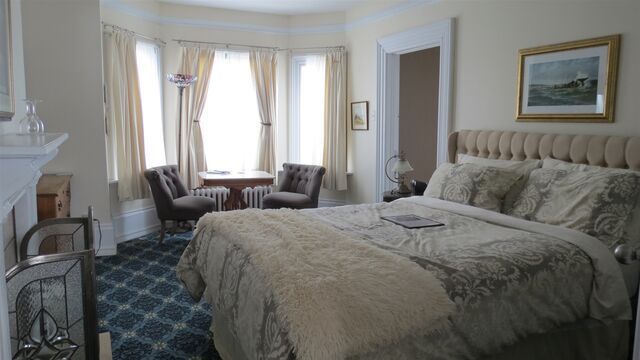 Bedroom with bed, sitting area in bay window, and artwork. Blue carpet, light curtains, and beige bedding.