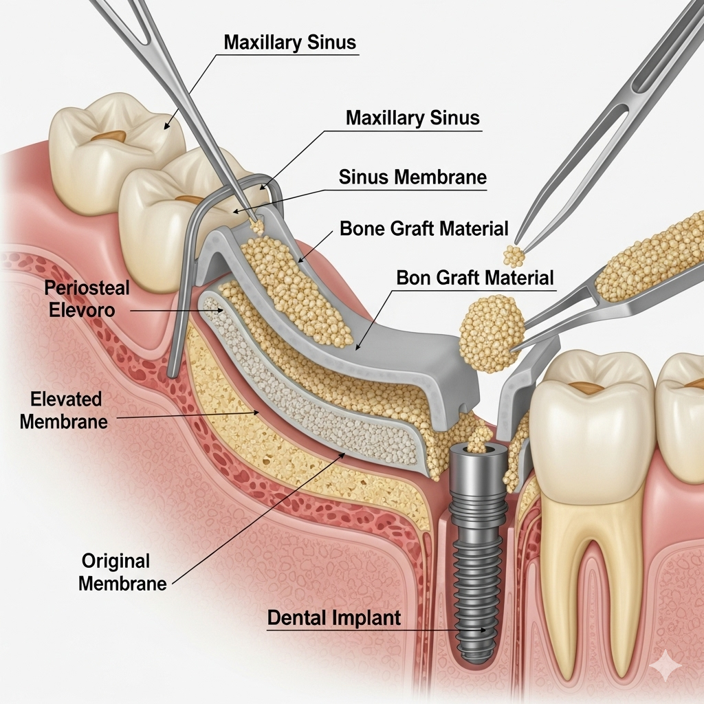Diagram of a sinus lift procedure for a dental implant: shows bone graft material added to the sinus cavity above the implant.