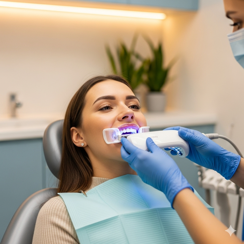 Woman receiving teeth whitening treatment in a dental office. A dentist in blue gloves holds the whitening device.