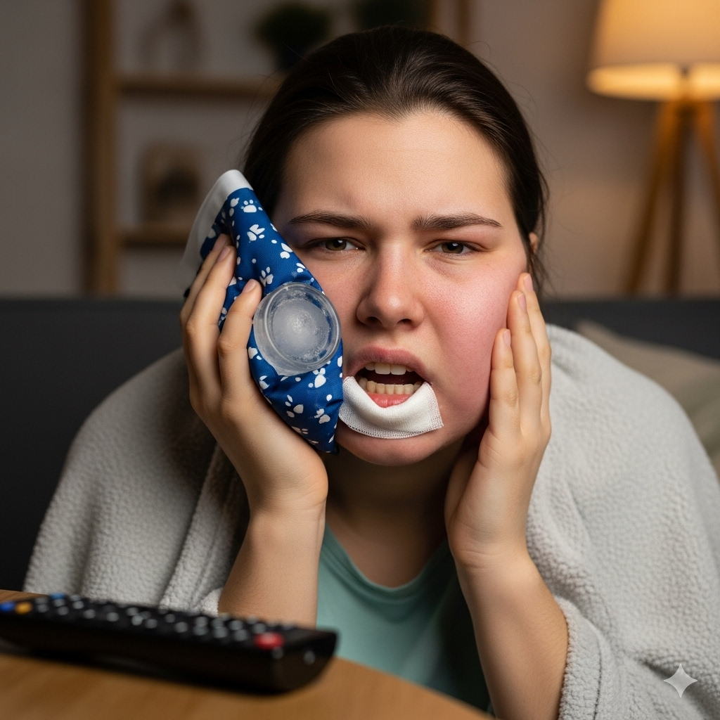 Woman with swollen jaw, ice pack, gauze in mouth, grimacing, sitting indoors with remote.