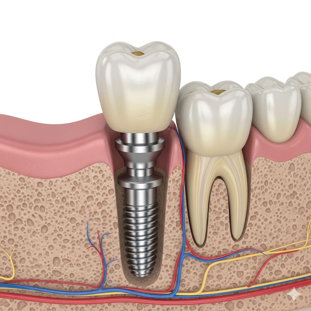Diagram of a dental implant in jawbone with artificial tooth and surrounding tissue.