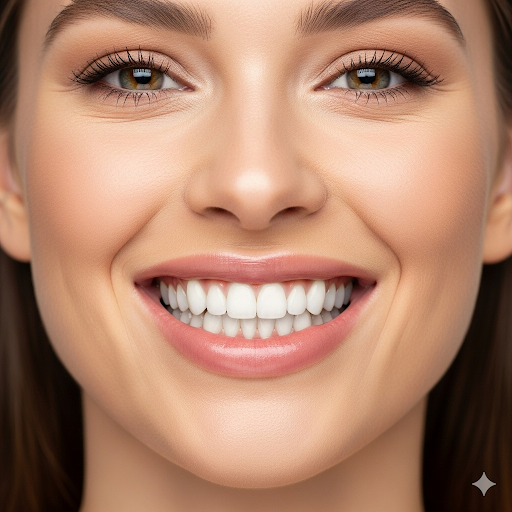 Woman smiling broadly, showing perfect white teeth, brown eyes, fair skin.