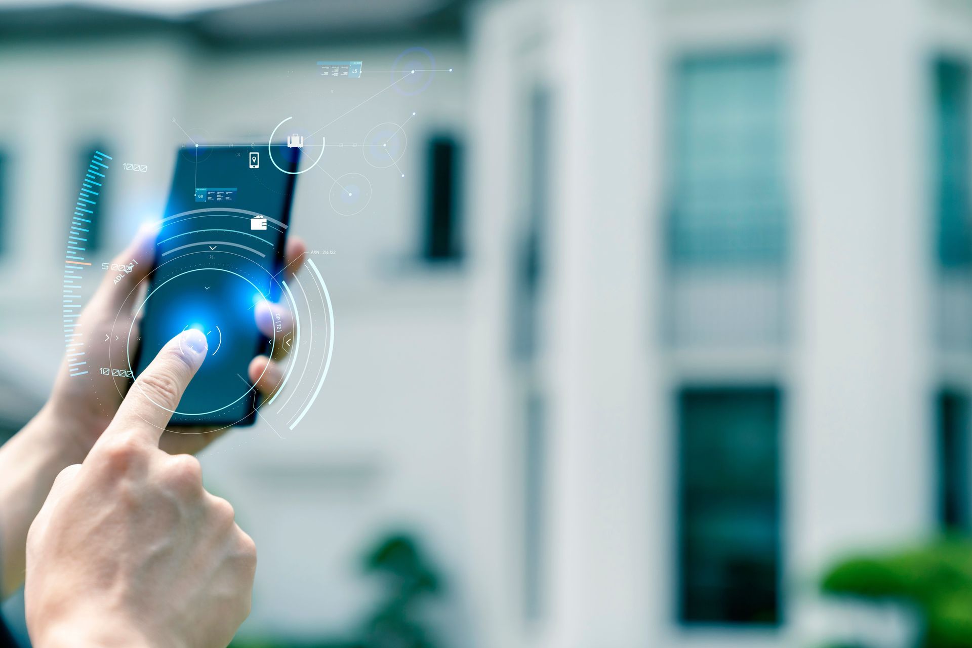 Person using a smartphone in front of a house, possibly controlling smart home devices. Glowing digital interface on phone screen.