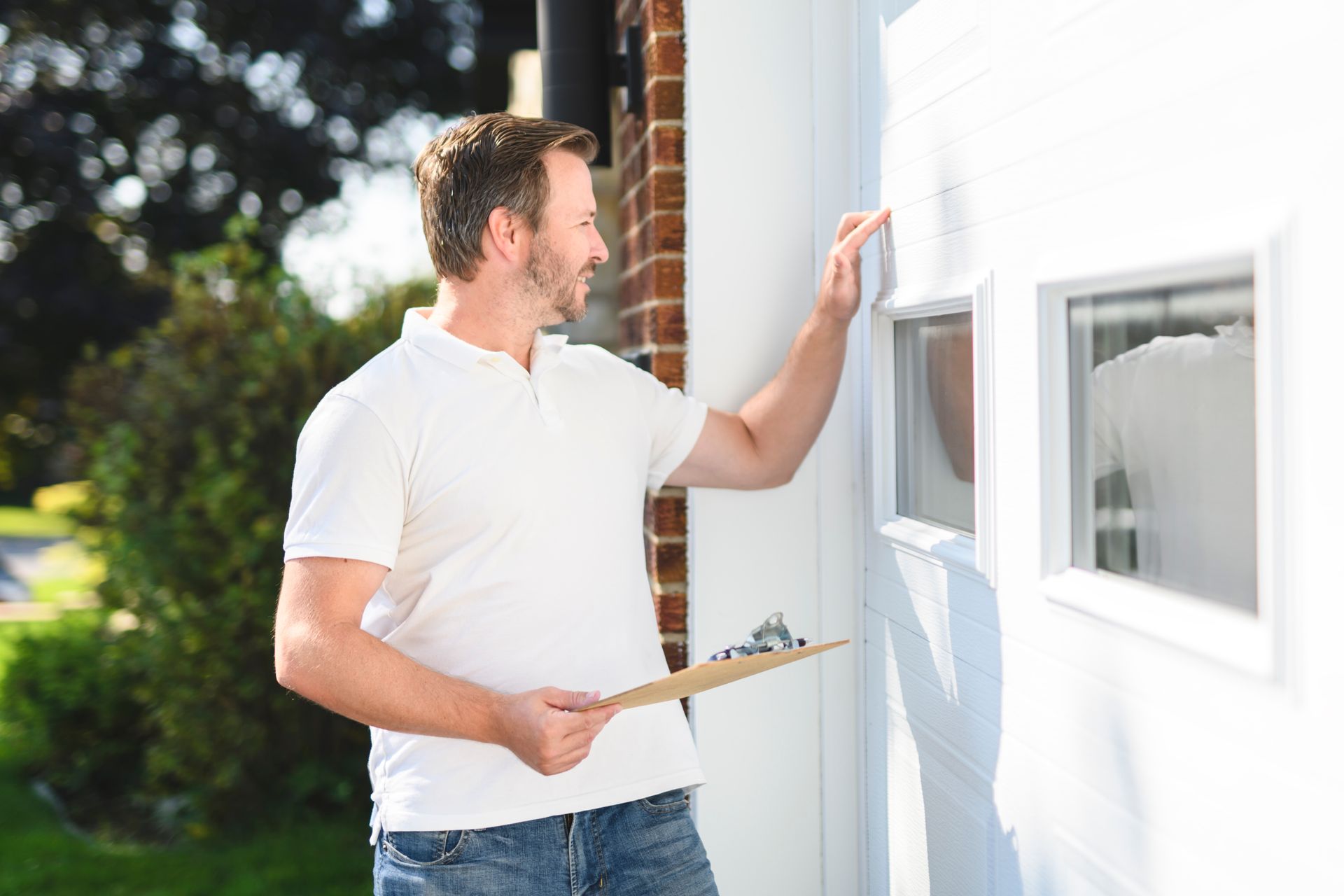 Man in white polo shirt checking a white door with a clipboard in hand, standing outside a house.