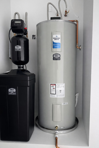 A grey water heater and a black water softener unit stand side-by-side in a corner alcove.
