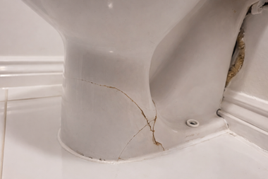 A prominent, dark crack running along the white porcelain base of a bathroom toilet.