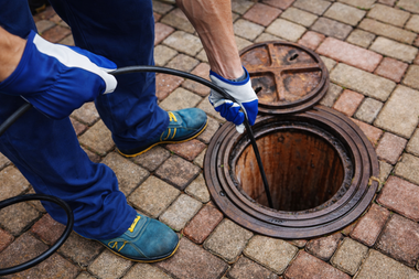 A worker in blue uniform and gloves uses a flexible inspection camera to examine an open underground utility pipe.