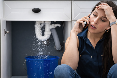 A person looking stressed while on a phone call as water leaks from under a sink into a blue bucket.