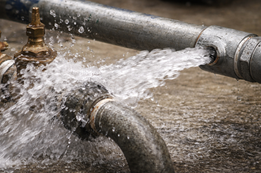 A pressurized metal pipe spraying a steady stream of water onto a concrete surface.