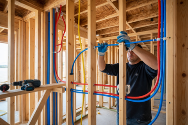 A construction worker in gloves installs blue PEX plumbing pipes along the wooden frame of an unfinished house.