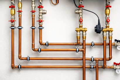 A network of copper plumbing pipes featuring multiple valves, connectors, and gauges mounted against a white wall.
