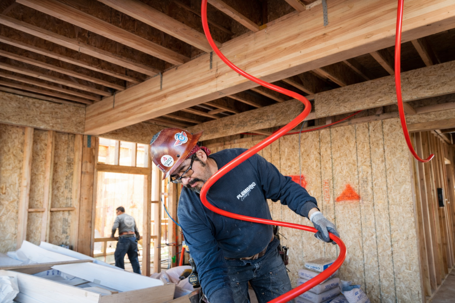 A worker in a hard hat handles a coiled red hose in the frame of a house under construction.