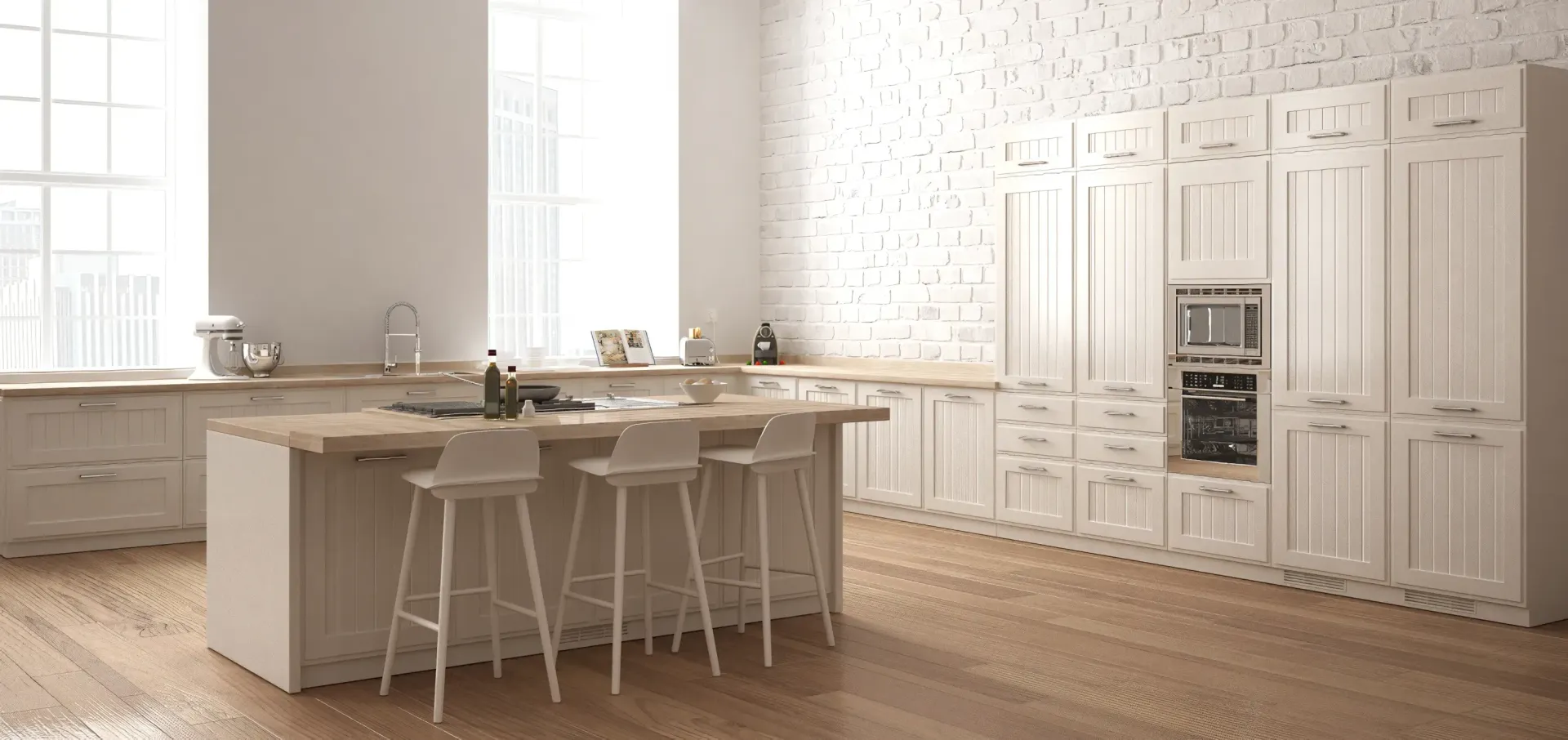A Modern Kitchen with white brick feature wall and bar stools — Hart Projects Wollongong In Shellharbour, NSW