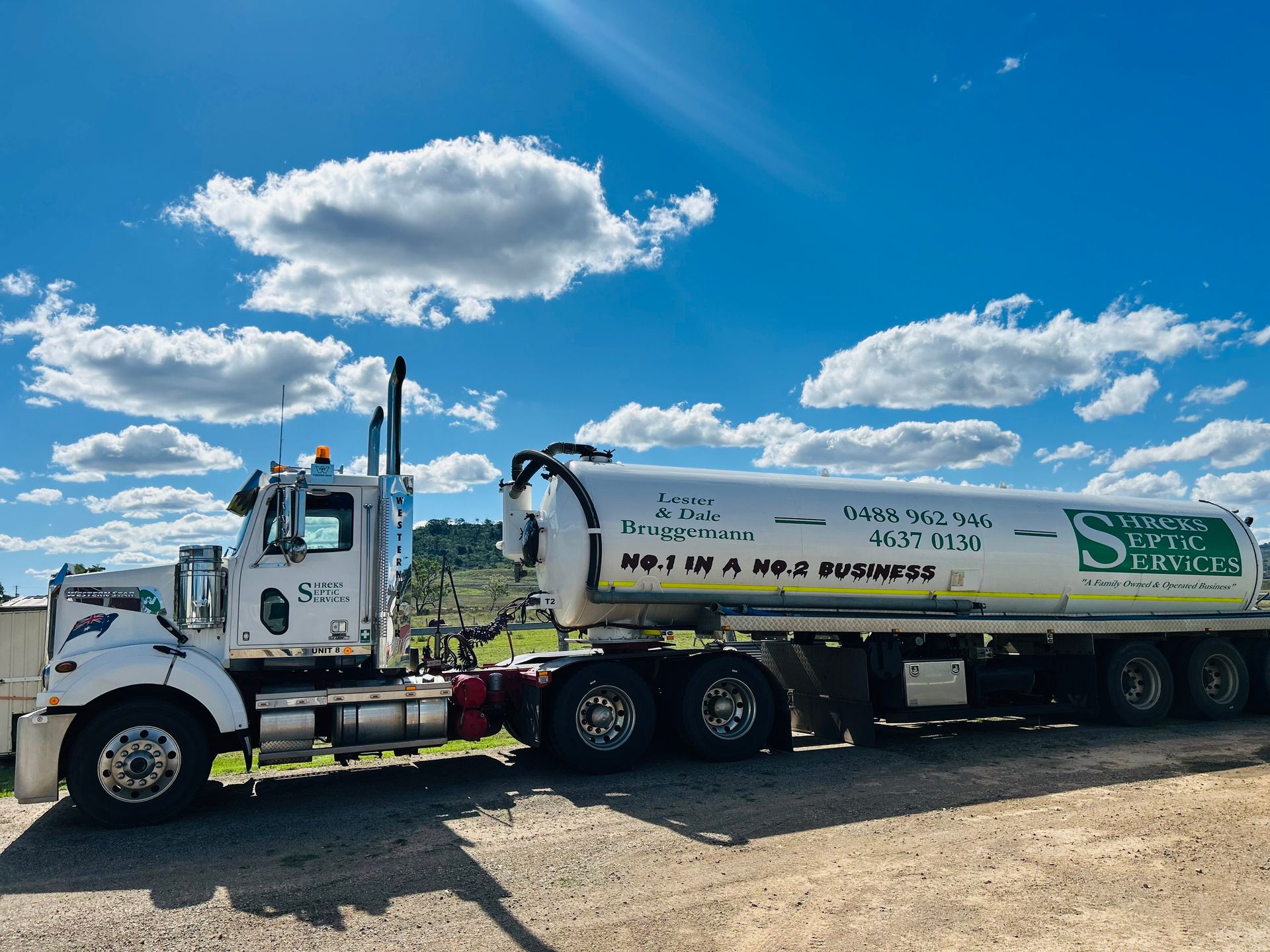 White Vacuum Tanker Truck Parked — Shreks Septic Services in Gowrie Junction, QLD