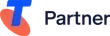 A blue and orange logo with the word partner on it.