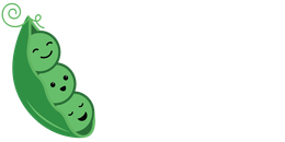 Three green peas with smiling faces in a green pod.