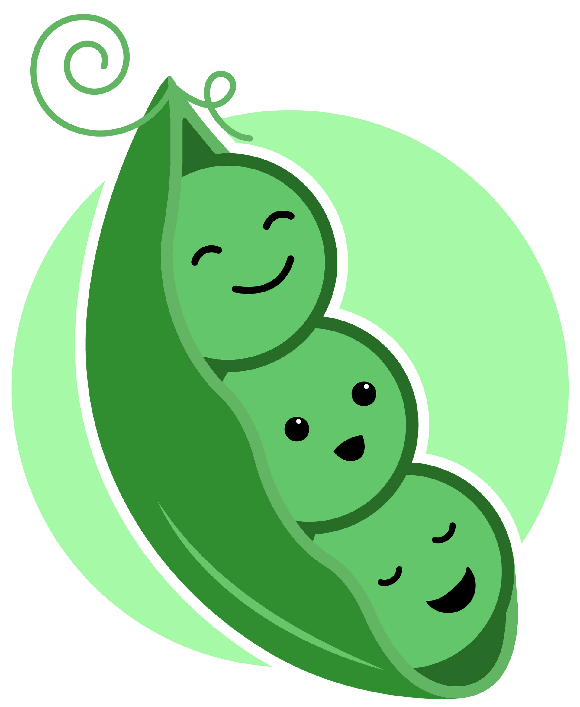 Three smiling green peas in a pod.