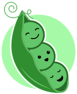 Three smiling green peas in a pod.