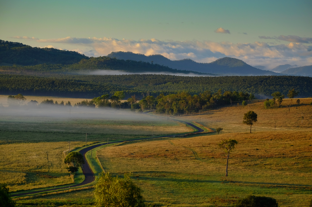 Aerial View of a Rural Road with Mist— Serenity Strides in Ipswich, QLD