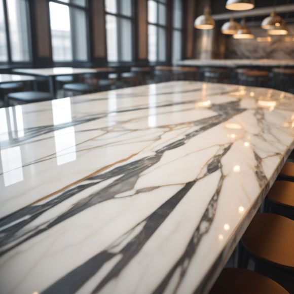 A marble counter top in a restaurant with tables and chairs