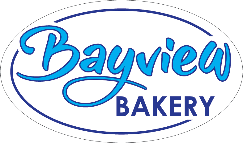 The logo for bayview bakery is blue and white.