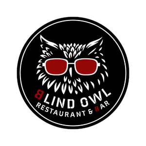 A blind owl restaurant and bar logo with an owl wearing sunglasses.