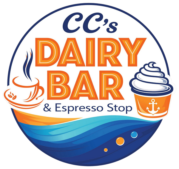 CC's Dairy Bar & Espresso Stop logo with orange coffee cup and blue soft-serve cone