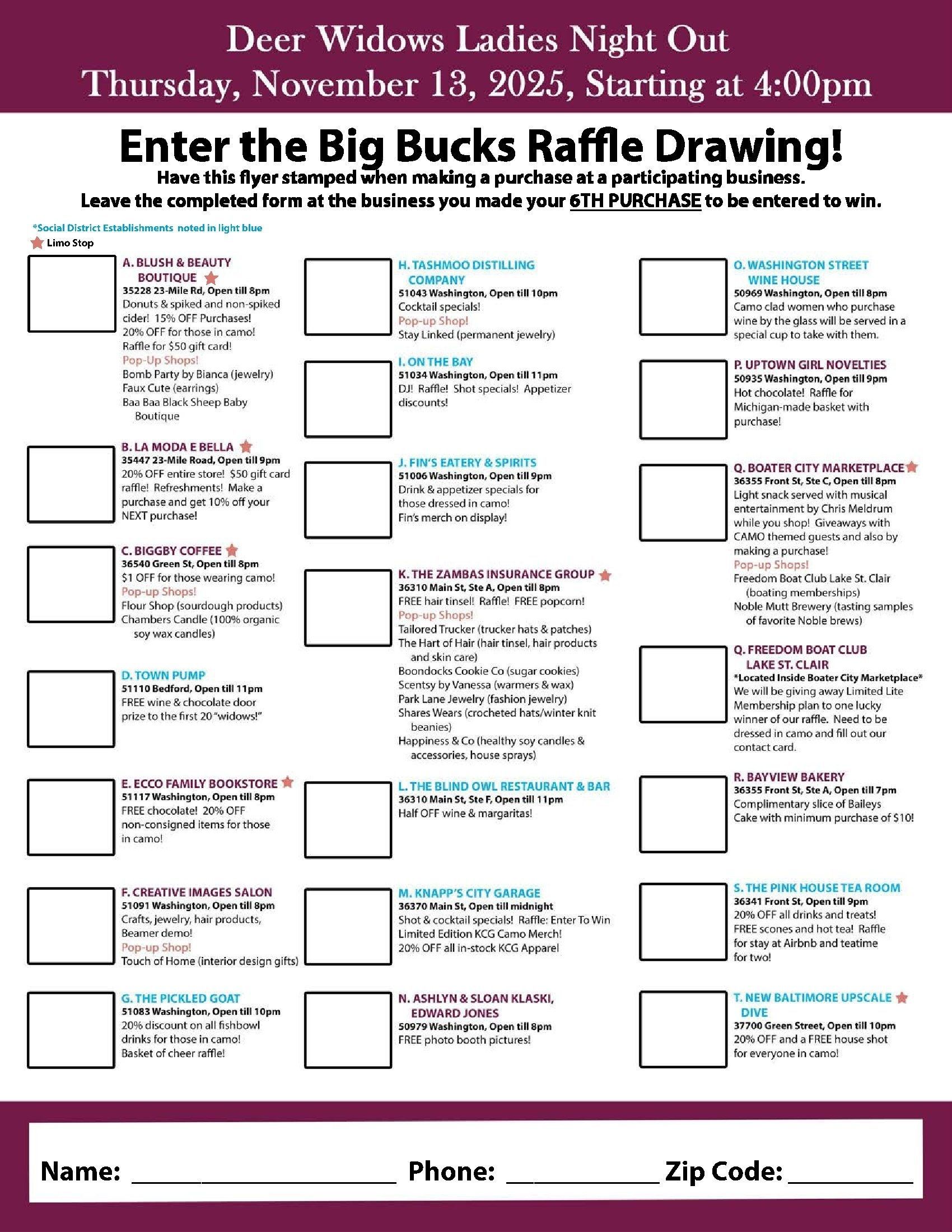 Raffle flyer for Deer Widows Ladies Night Out, November 13, 2015. Contains raffle items, entry form, and contact info.