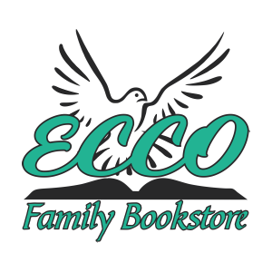 A logo for ecco family bookstore with a bird on top of an open book.