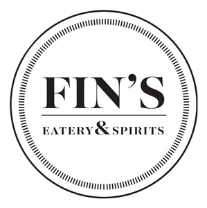 A black and white logo for fin's eatery & spirits.