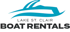 Logo for Lake St. Clair Boat Rentals. Teal boat graphic over black text