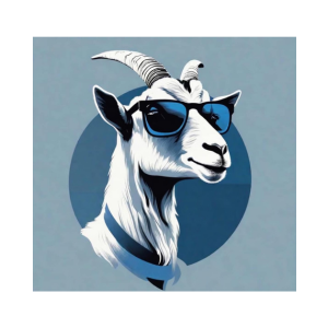 A goat wearing sunglasses and a blue collar.