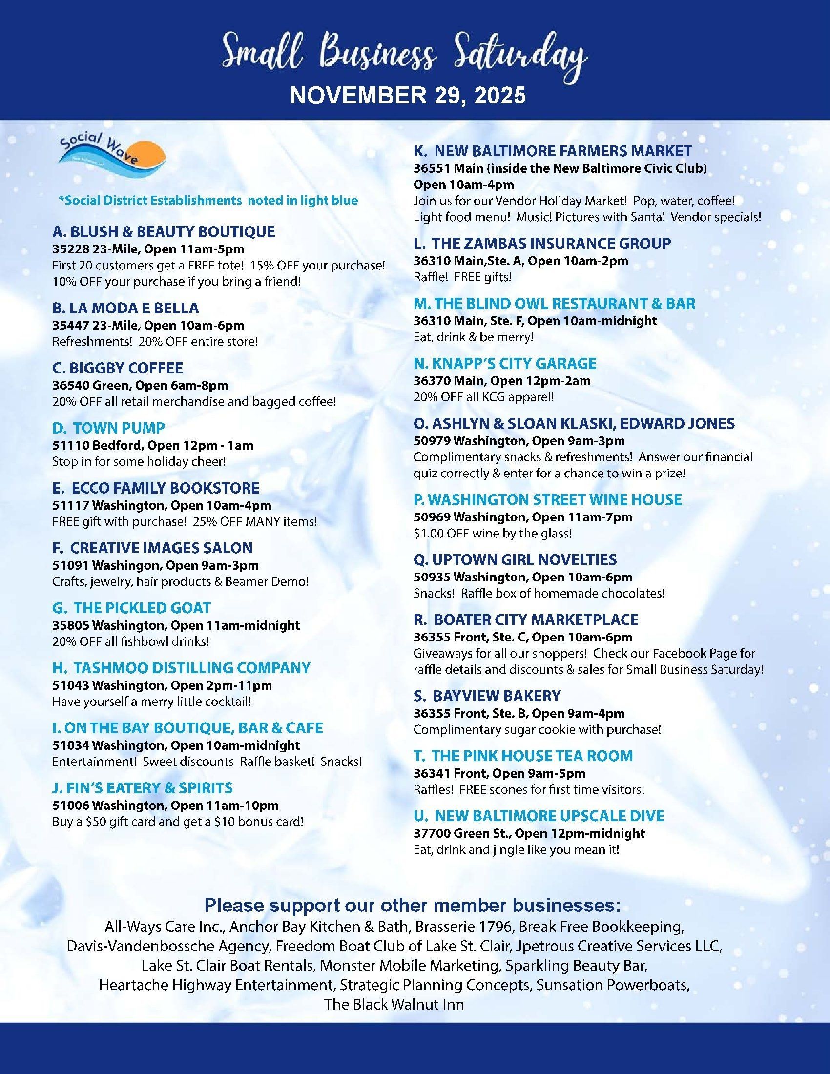 Small Business Saturday event flyer listing local businesses for November 28, 2020.