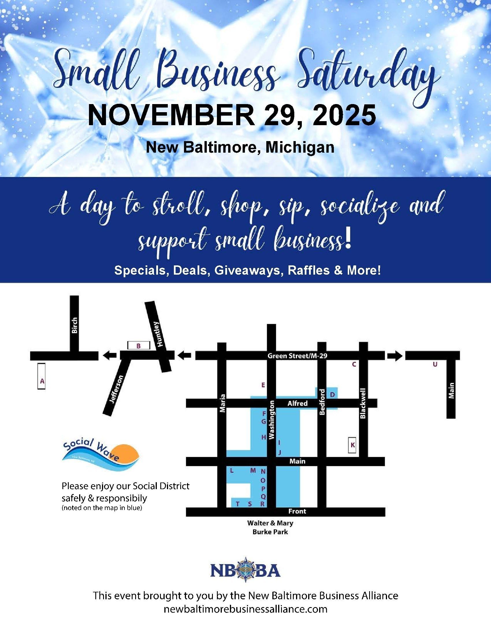 Flyer for Small Business Saturday, November 29, 2025, in New Baltimore, Michigan, with map.