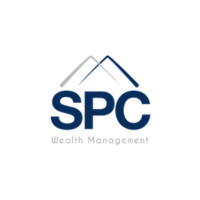 A logo for spc wealth management with a mountain in the background.
