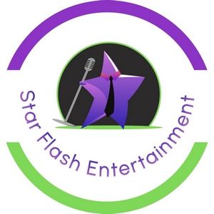 A logo for star flash entertainment with a purple star and a microphone.
