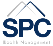 A logo for spc wealth management with a mountain in the background.
