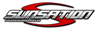 A sunsation powerboats logo on a white background.