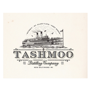 A logo for the Tashmoo Distilling Company in New Baltimore.