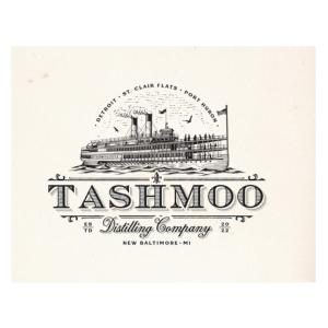 A logo for a company called tashmoo distilling company.