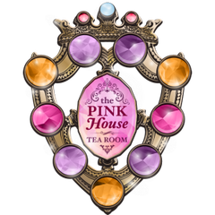 A logo for the pink house tea room.
