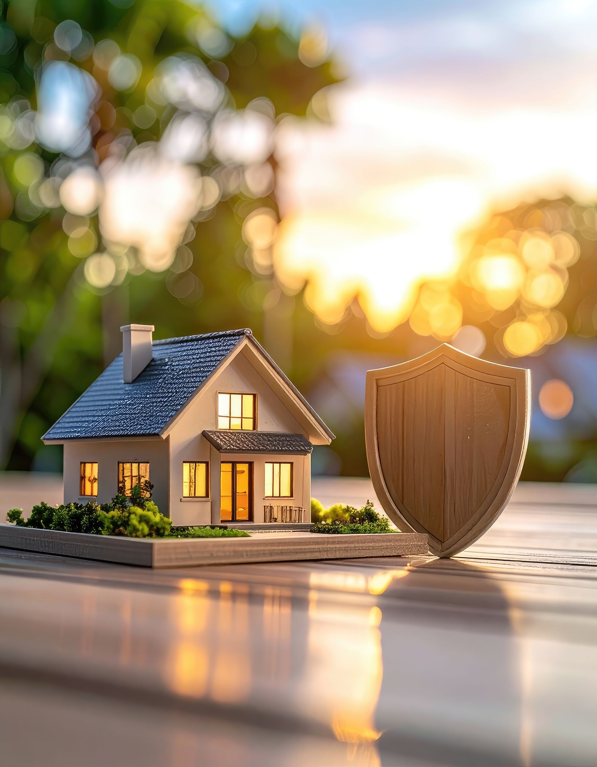 Miniatuurhuisje en houten schild, symbool voor de bescherming door een woningverzekering. Zonlicht op de achtergrond.