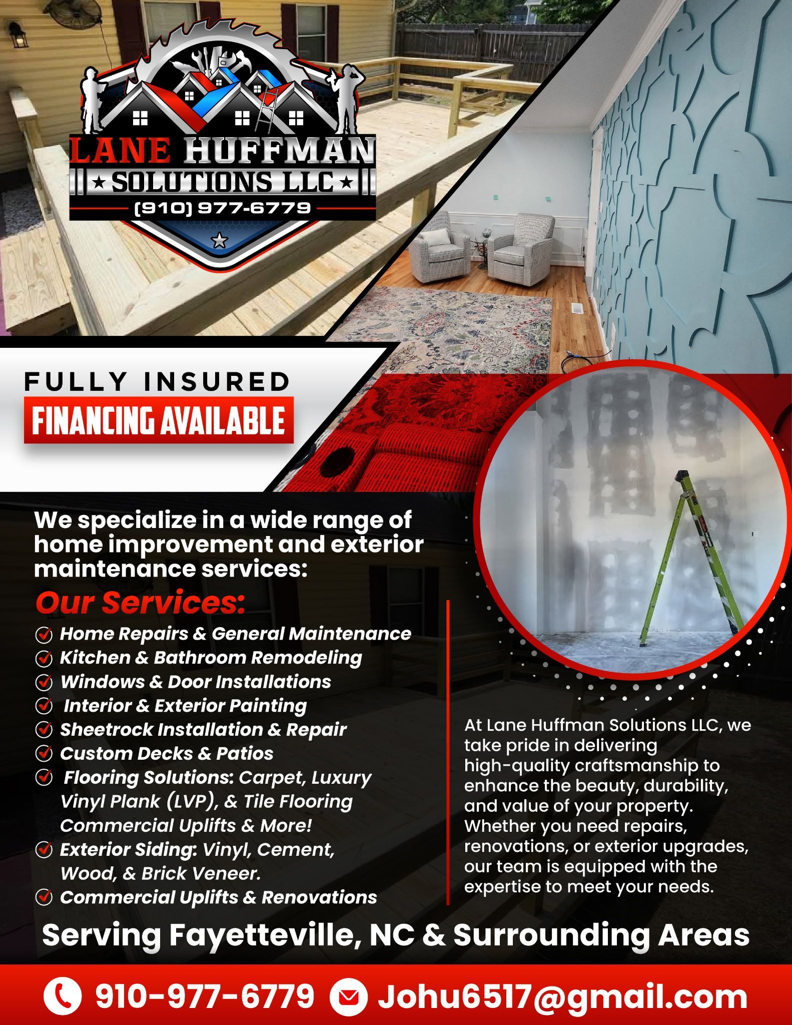 Flyer for Lane Hoffman Solutions LLC. Services include home repair, maintenance, and commercial renovations. Serving Fayetteville, NC.